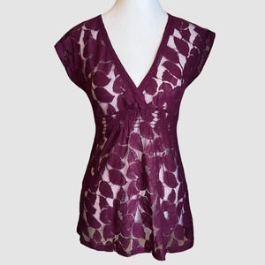 Eyeshadow Juniors V-Neckline Lace Empire Waist Blouse Wine, Size Small